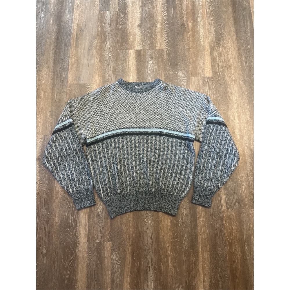 Vintage Michael Gerald Men's M Acrylic Knit Sweater Gray Black Blue Striped